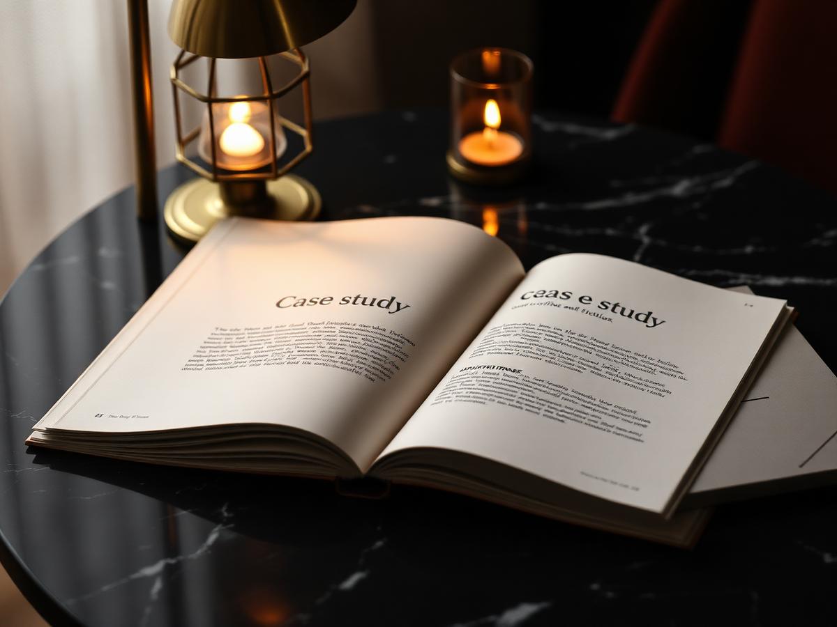 Printed case study booklet open on a dark marble table