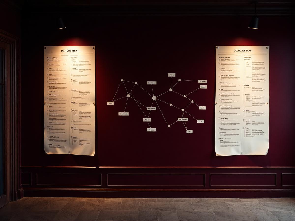 Client journey map printed and pinned on a deep burgundy wall