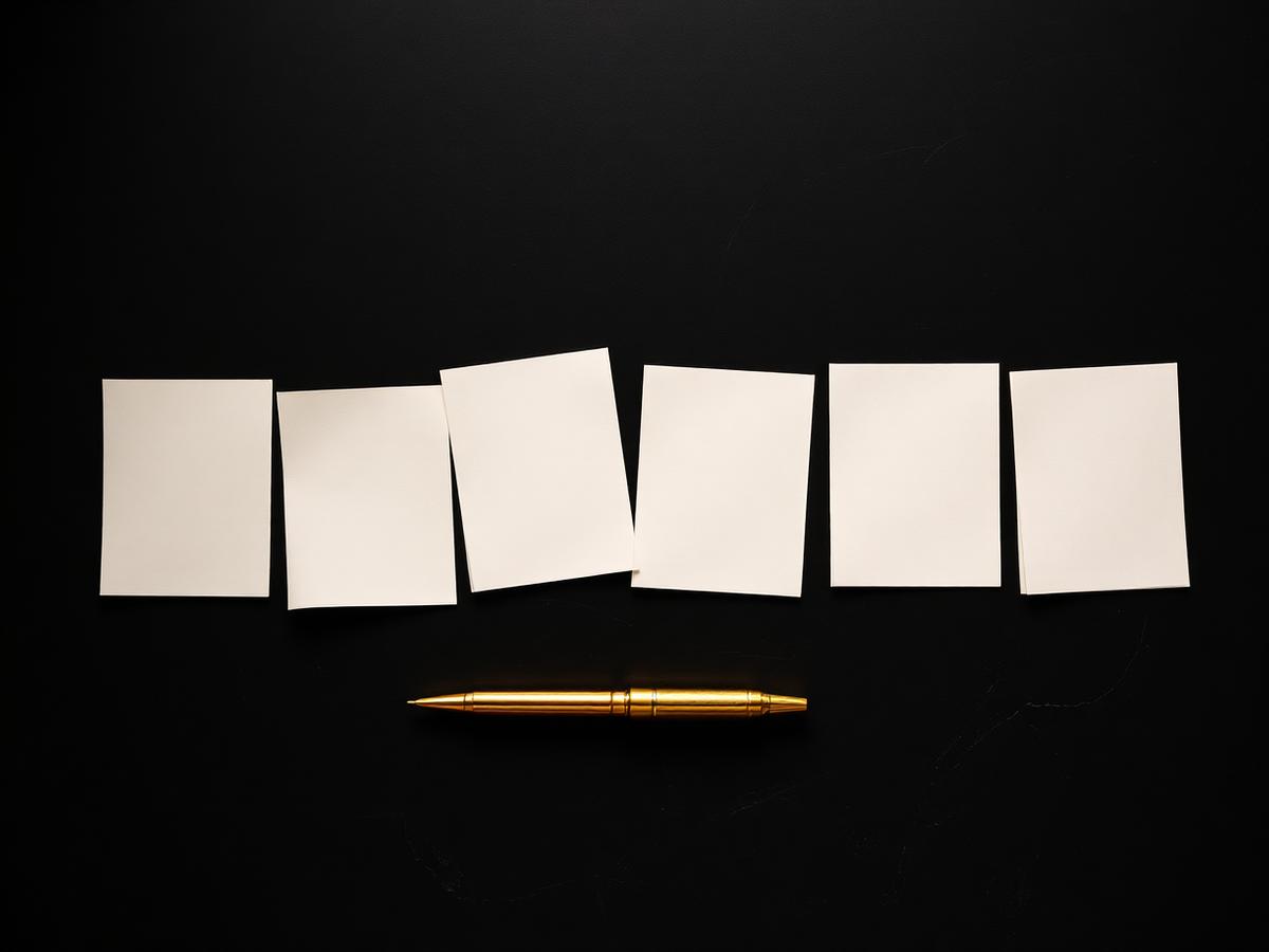 Seven cream cards laid out in sequence with a brass pen